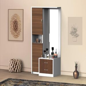 Wooden Daisy Dressing Table with Storage Cabinets for Living Room | Bed Room (Classic Walnut and Frosty White, 41 X 76 X 189)
